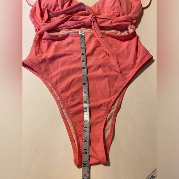 CUPSHE One Piece Swimsuit bathing suit hi rise cheeky hi cut out ties pink XL - Picture 4 of 11